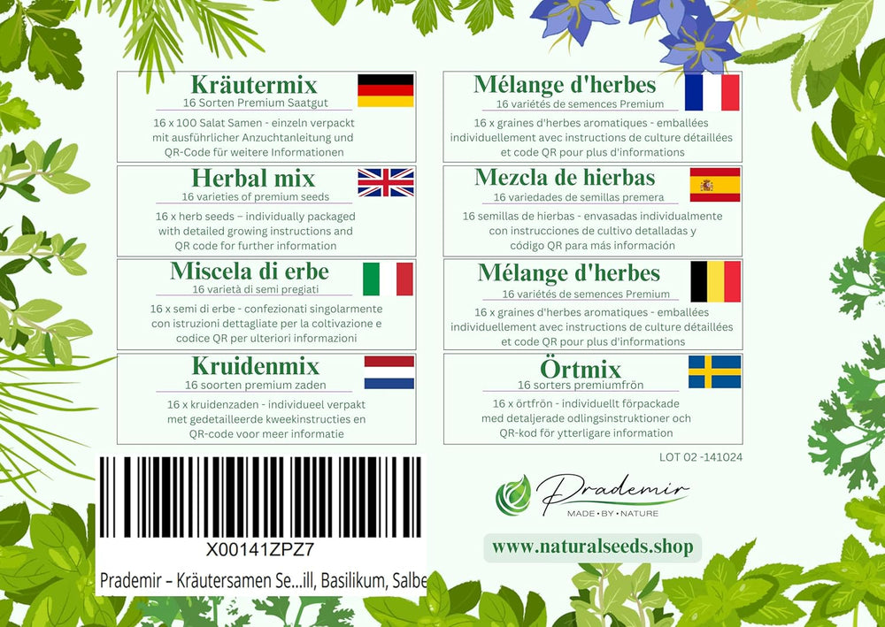 Prademir – Kräutersamen Set aus 16 beliebten Küchenkräutern – Kräuter Anzuchtset mit 100% Natursamen au Portugal – Kräuter Saatgut à l'origan, thym, marjolaine, romarin, aneth, basilic, sauge uvm