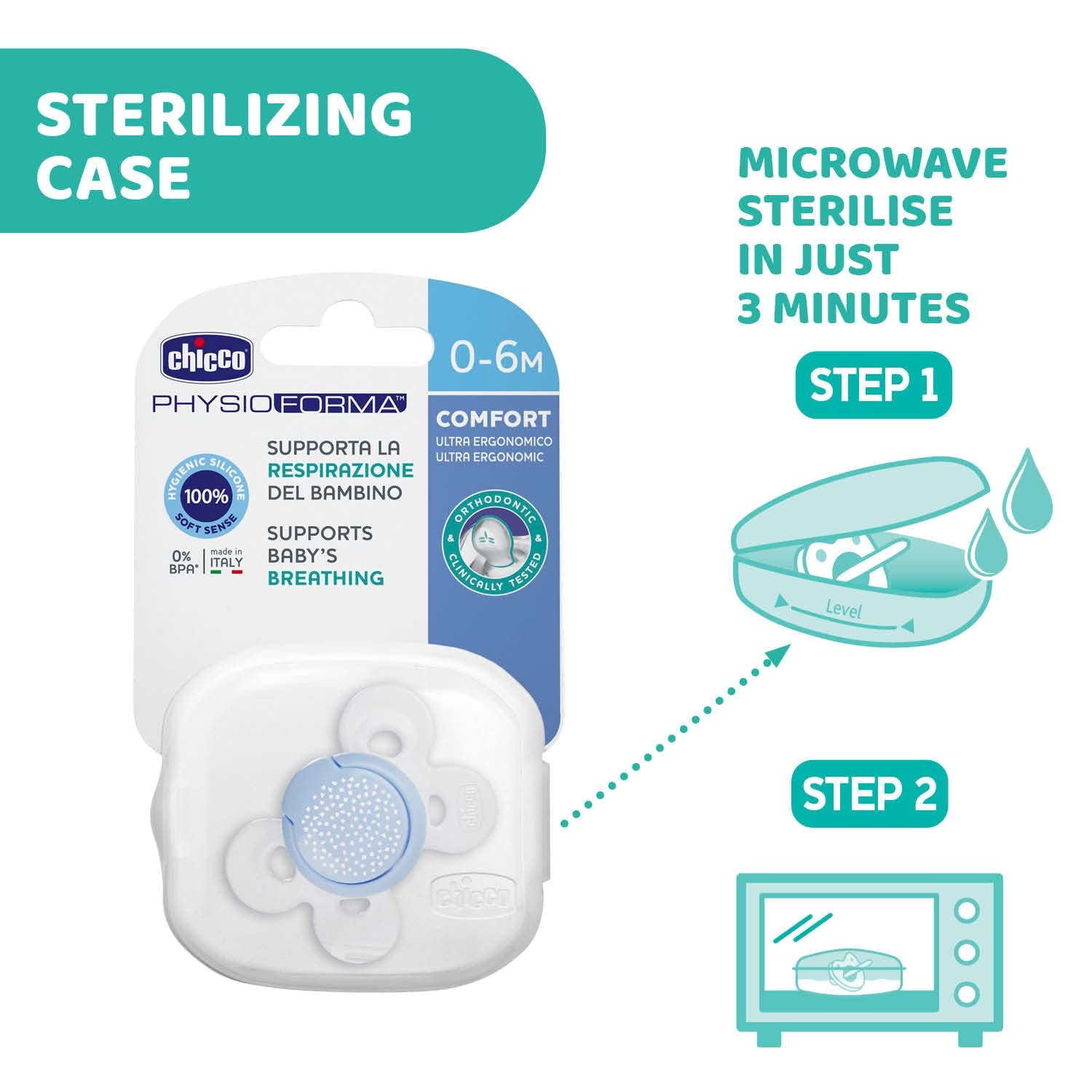 Chicco PhysioForma Comfort Sucette 16-36 mois, Sucette pour bébé avec tétine en silicone, 1 pièce, favorise la respiration physiologique et le développement buccal correct, Bleu