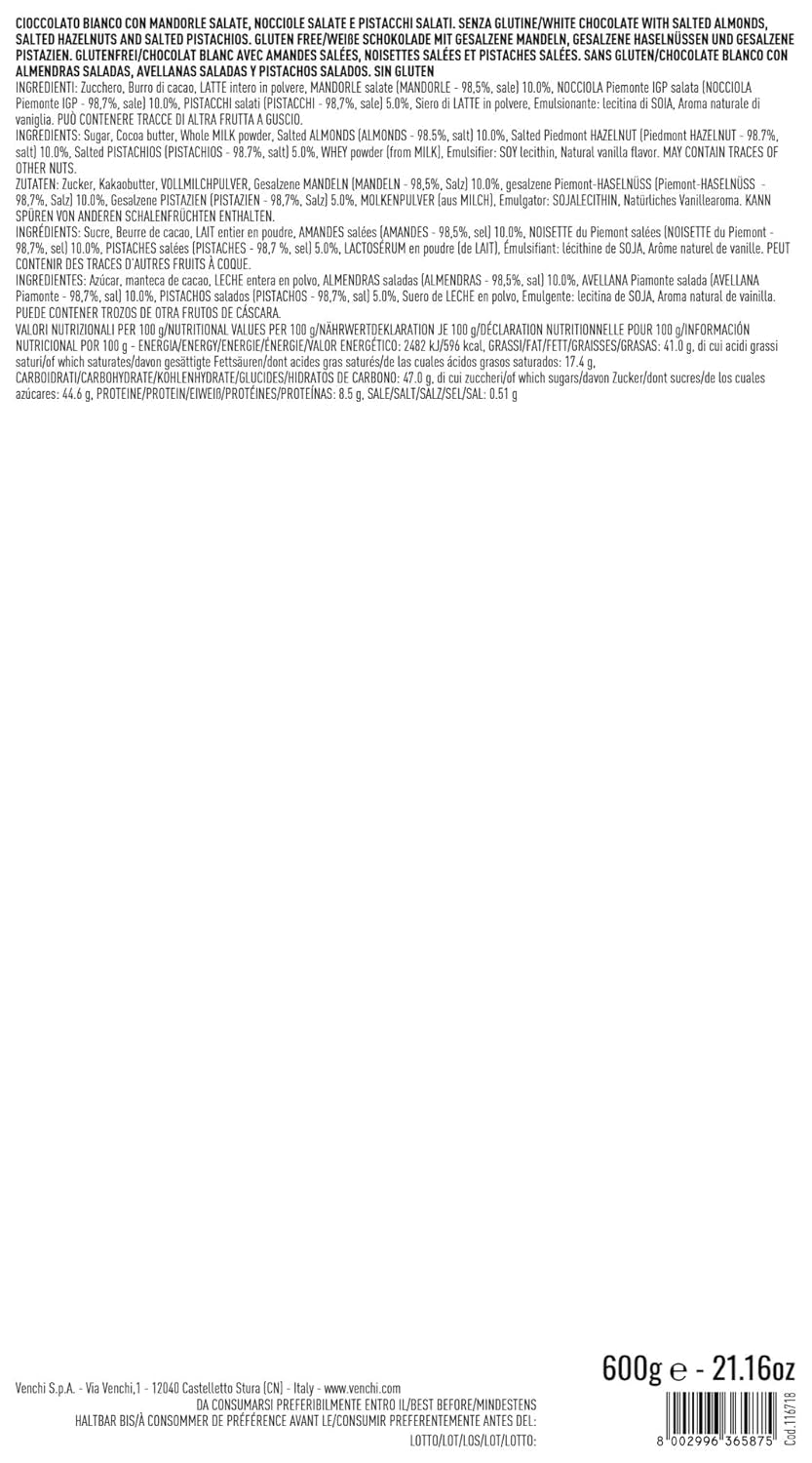 Venchi - Maxi Barre de Chocolat Blanc, Salée, 600g, Sans Gluten, Sans Colorants Artificiels et Sans Conservateurs