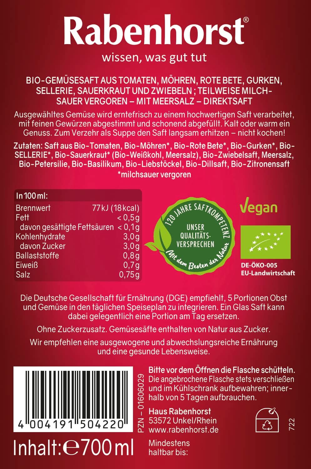 RABENHORST (6 X 700ml) - Jus de légumes de haute qualité à partir de divers légumes Boissons sans alcool Naty Shop