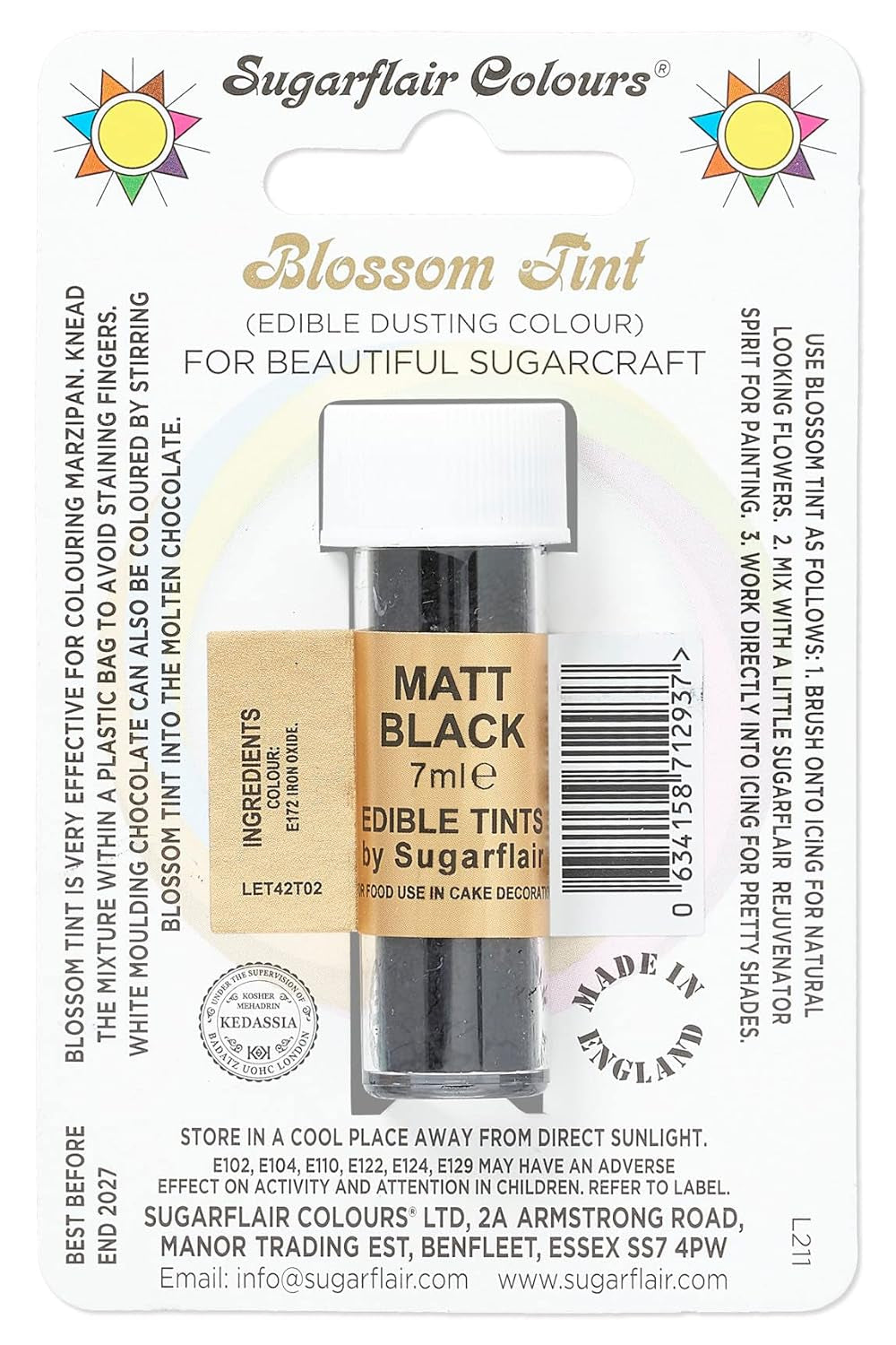 Colorant alimentaire en poudre Sugarflair Blossom Tint Dusting, noir mat - Colorant alimentaire en poudre pour décorer pâte à sucre colorée, fondant, glaçage, chocolat, crème au beurre, macarons - 7ml