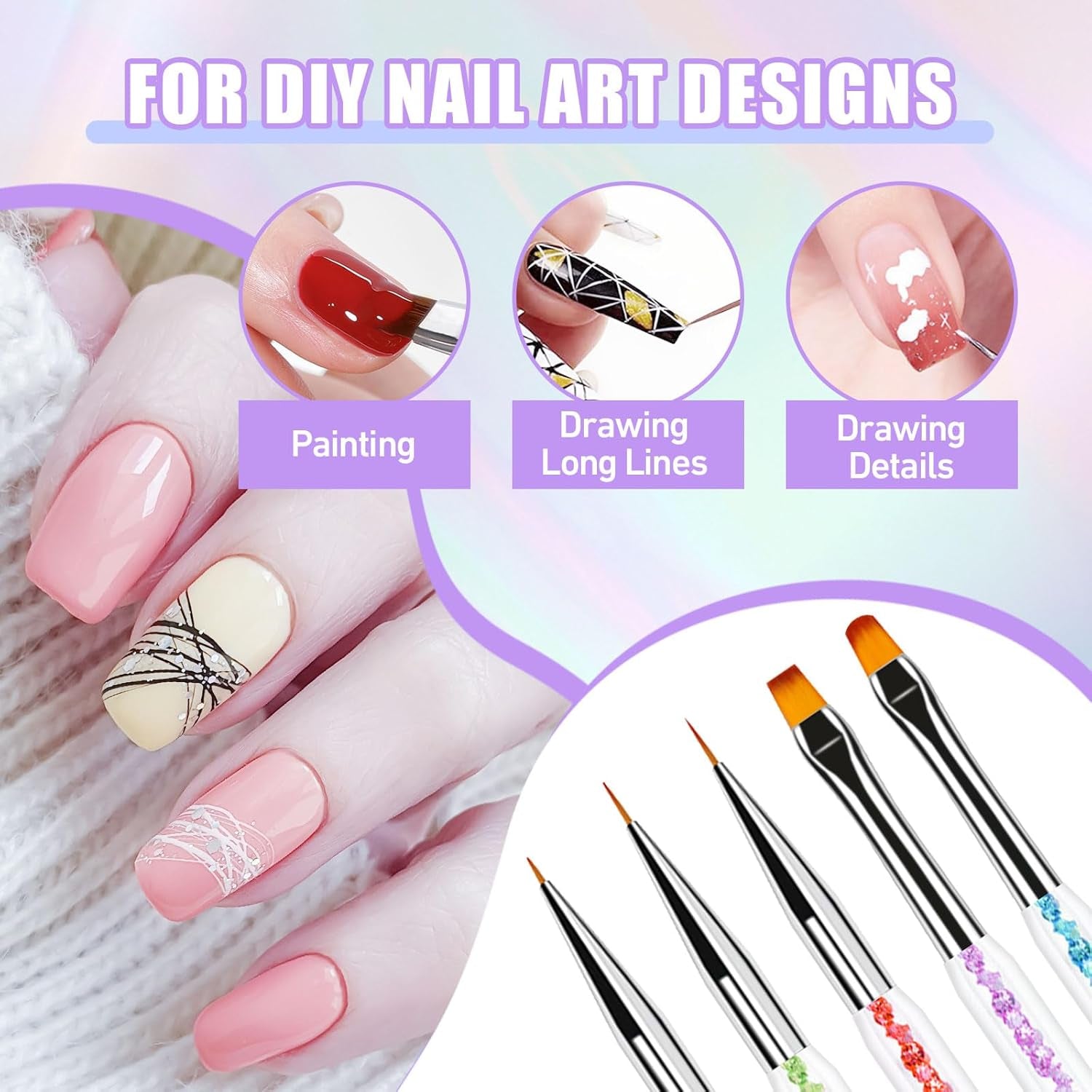 Sularpek 6 pcs Nagel Pinsel, Nail Art Pinsel, Pinsel Nageldesign, Nagel Pinsel Set, Nail Art Dotting Tools avec 1 pinceau éponge applicateur, Nageldesign Zubehör pour DIY Nail Art Design