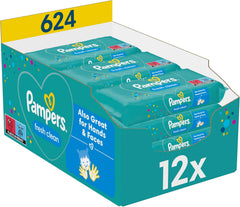 Lingettes humides Pampers Fresh Clean, 12 paquets de 52 lingettes, 624 lingettes au total, parfum léger, convient également aux mains et au visage