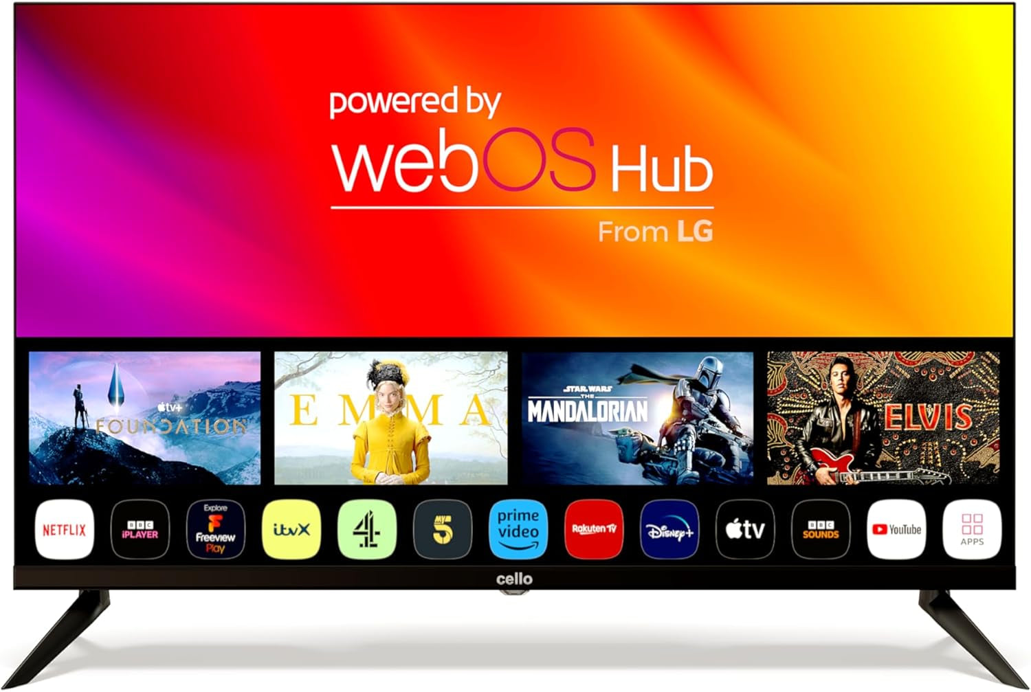 Televizor inteligent Cello C2224WSH de 22 de inci, fără ramă, alimentat de la rețea, LG WebOS, Freeview Play, FreeSat, Bluetooth, difuzoare Pitch Perfect, ideal pentru bucătărie, dormitor sau camere mici