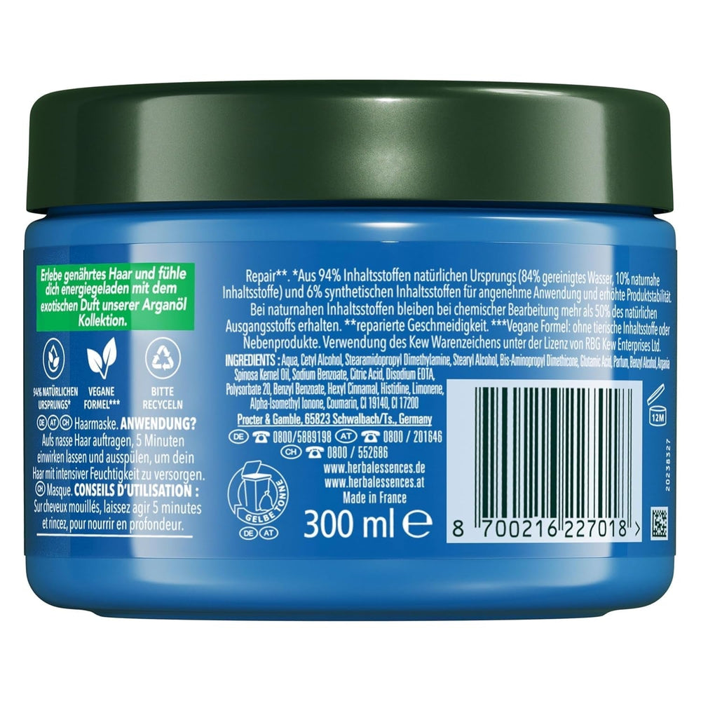 Herbal Essences Mască reparatoare pentru păr cu ulei de argan 300ml. De la păr deteriorat la păr mai neted și mai strălucitor. Îngrijire intensivă. Cu ingrediente de origine naturală. Vegan Masca de par Naty Shop