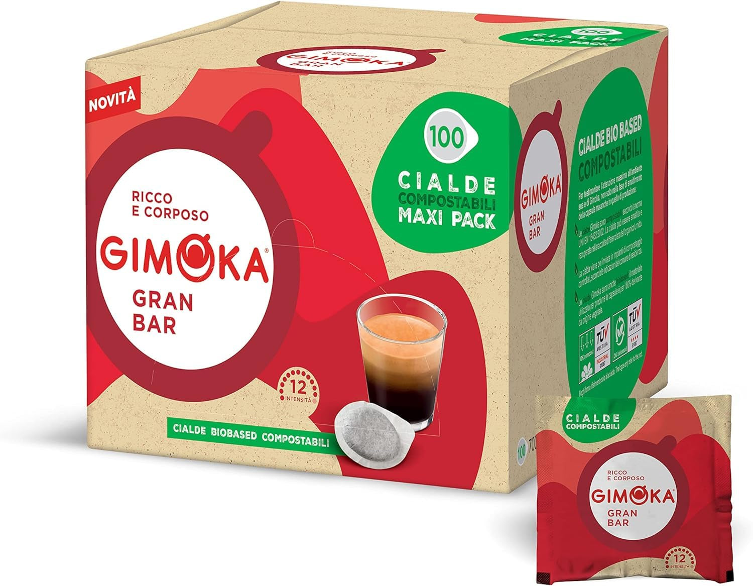Gimoka Kompostierbare Kaffeepads, Gran Bar Intenso Kaffeemischung, Intensität 12-100 Pads - Compatible avec les tampons en papier ESE System 44 mm