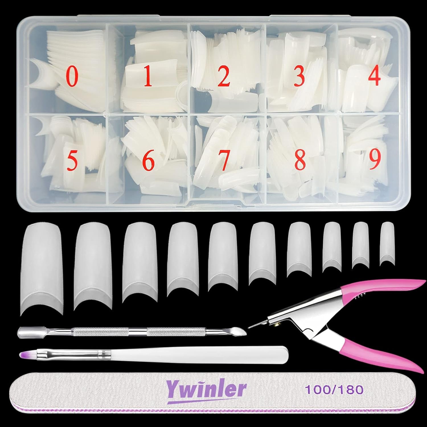 Unghii false, 500 bucăți, culori naturale, artificiale, unghii false, 10 mărimi, DIY, acrilice, cu cutie, perie de unghii, împingător de cuticule și pilă de unghii