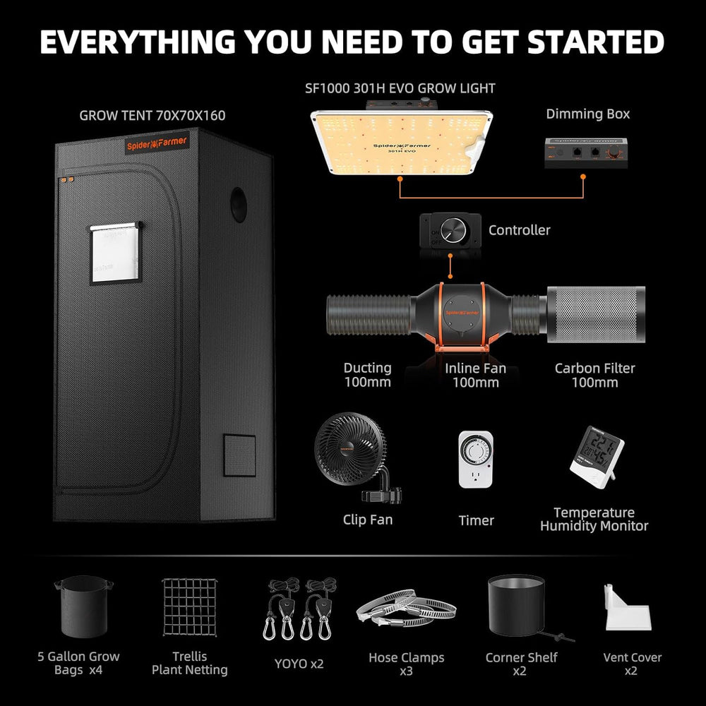 Spider Farmer SF1000 Lampe de culture LED à spectre complet à intensité variable, diode Samsung LM301H EVO, kit de tente de culture complète 70 x 70 x 160 cm, ensemble de tente de culture hydroponique, système de ventilation