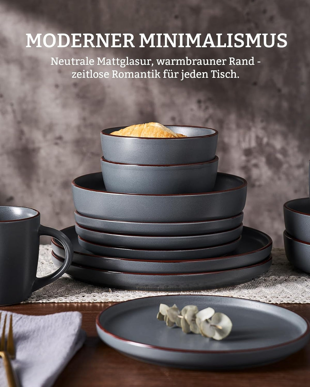 Service de table Mercury, service de table 12 pièces, service de table en grès pour 4 personnes avec assiettes plates, assiettes à dessert, bols à céréales, passe au micro-ondes et au lave-vaisselle, gris anthracite