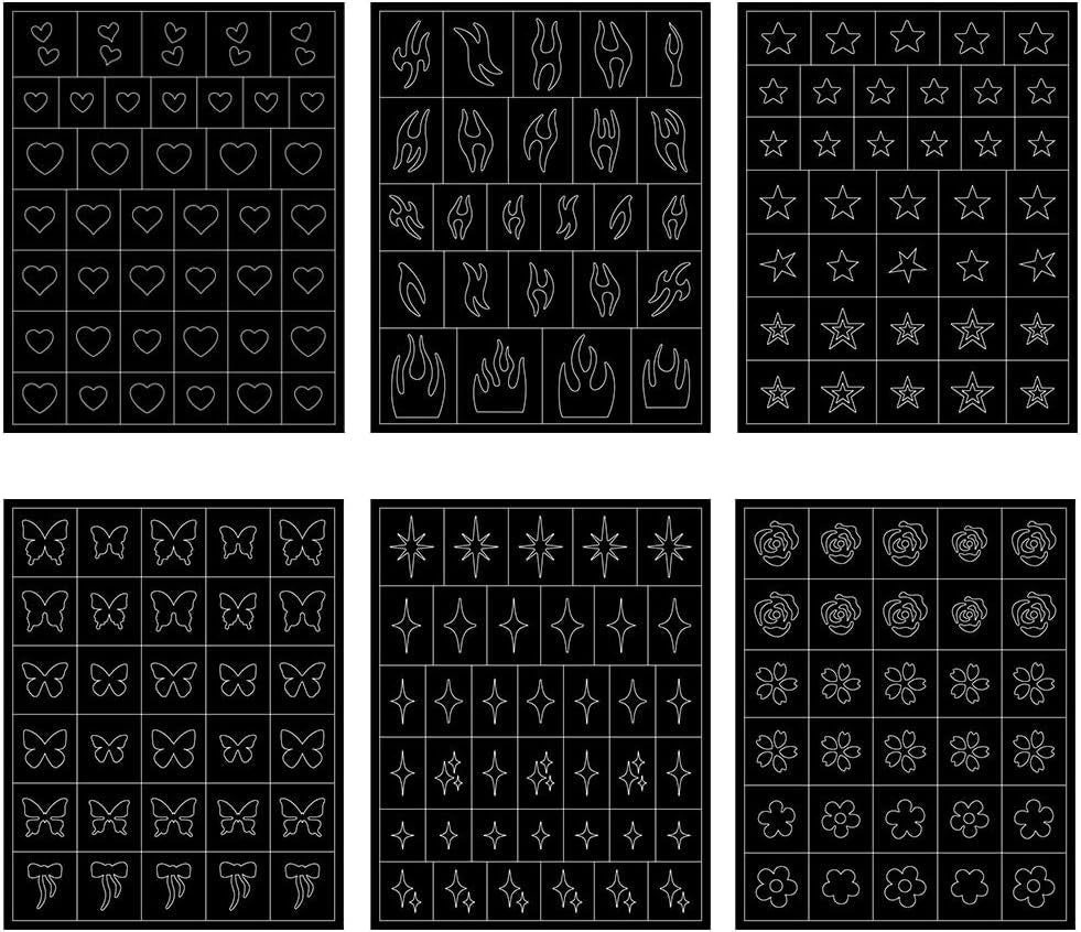 6 foi șablon aerograf unghii autocolante, fluture flacără stele inimă stele unghii autocolante imprimare șablon instrument unghii autocolante autoadezive pentru femei unghii autocolante design unghii artă