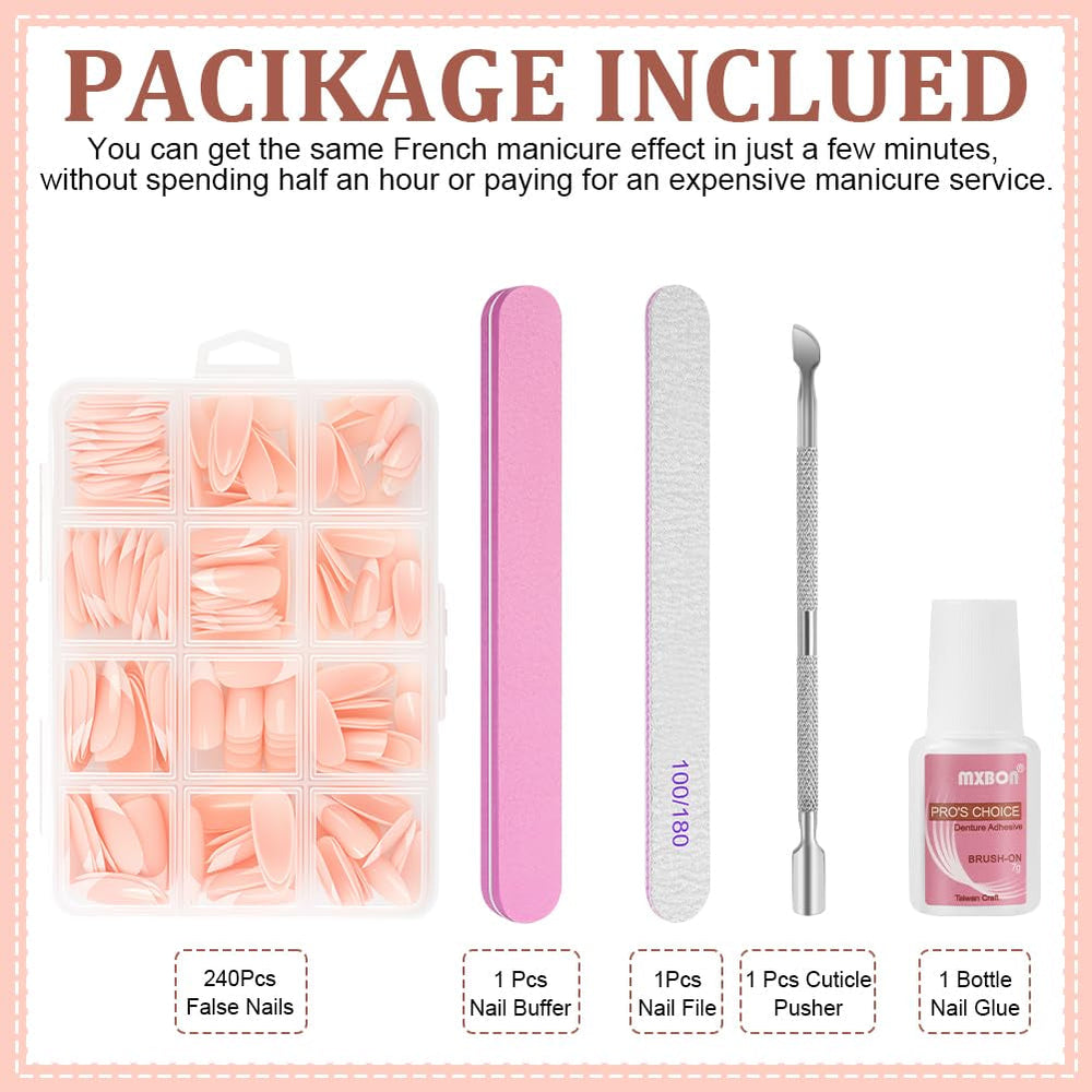 Lot de 240 faux ongles à pression française, 12 tailles, faux ongles avec colle pour femmes et hommes (blanc nu amande moyenne)