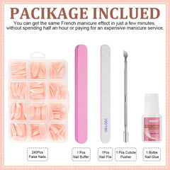 Lot de 240 faux ongles à pression française, 12 tailles, faux ongles avec colle pour femmes et hommes (blanc nu amande moyenne)