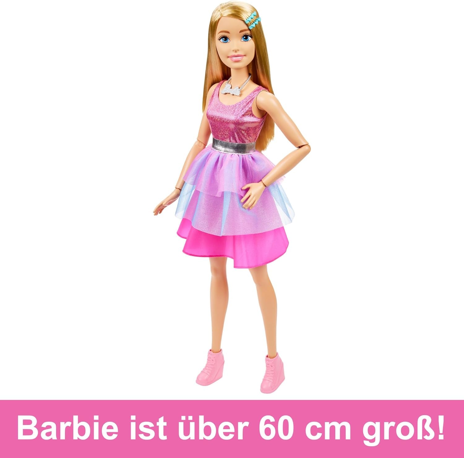 Poupée Barbie Extra Large (71 cm) – Robe rose, cheveux blonds avec pince et collier, cadeau à partir de 3 ans, HJY02