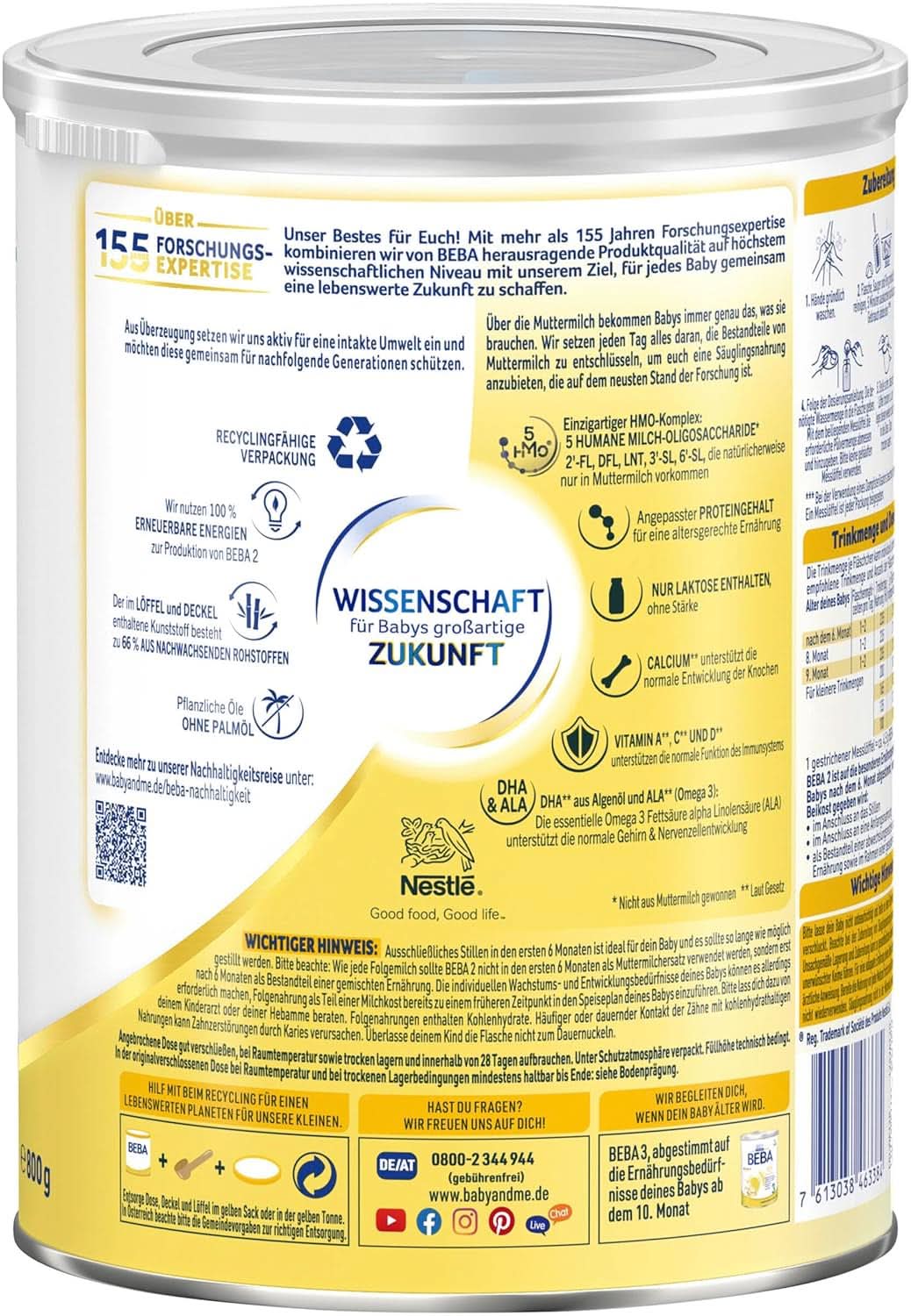 Nestlé BEBA 2 Lait en poudre de suite après 6 mois, au complexe 5 HMO, lactose uniquement, sans huile de palme, pack de 3 (3 X 800G) Mère et Enfant Naty Shop