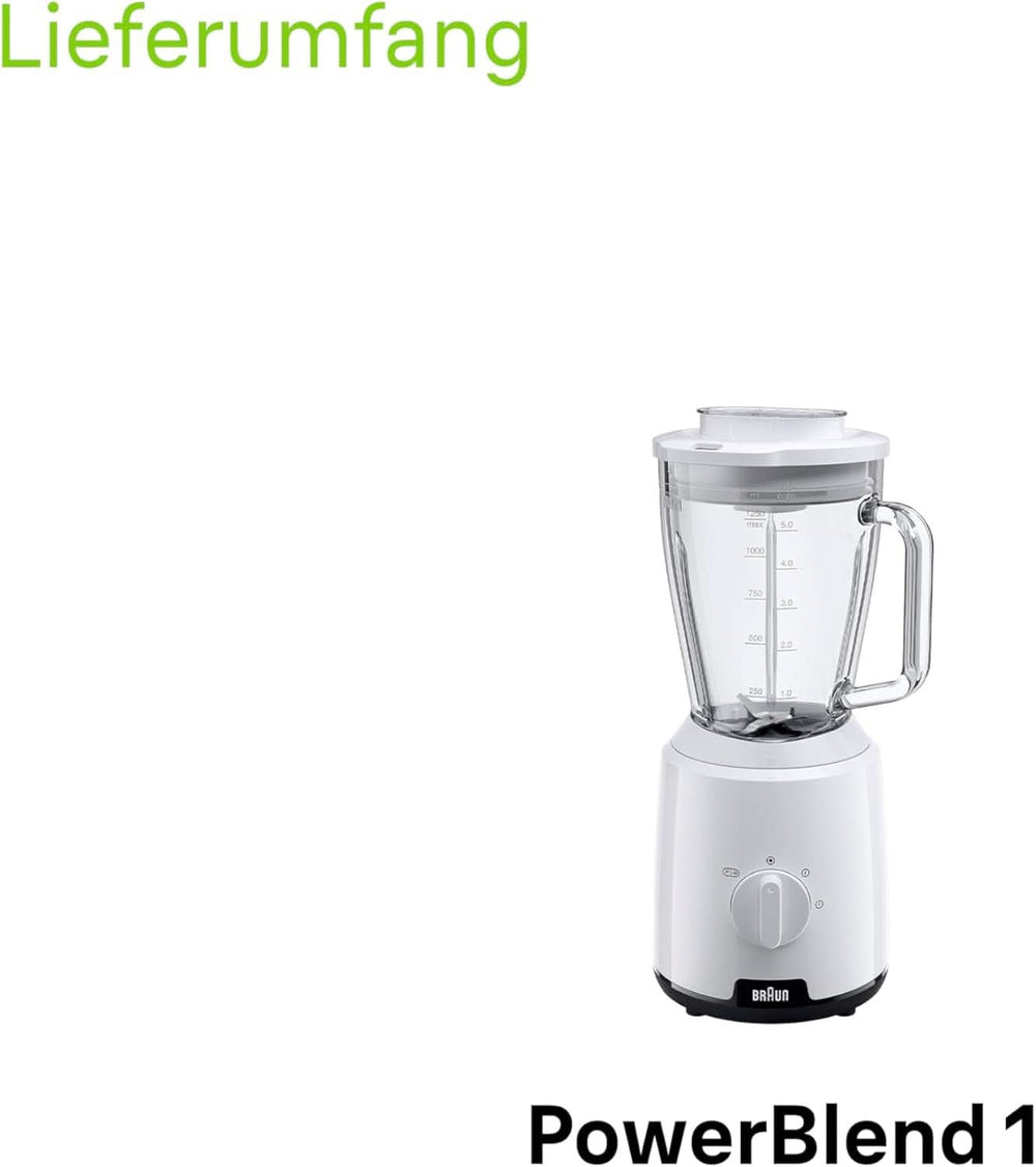 Braun Powerblend 1 JB1050WH - Standmixer Mit 1,5 L Glas-Mixaufsatz, Küchenhelfer Zum Zerkleinern, Pürieren & Mixen, Ice-Crush-Funktion, 2 Geschwindigkeiten, 600 Watt, Weiß Bucatarie Naty Shop