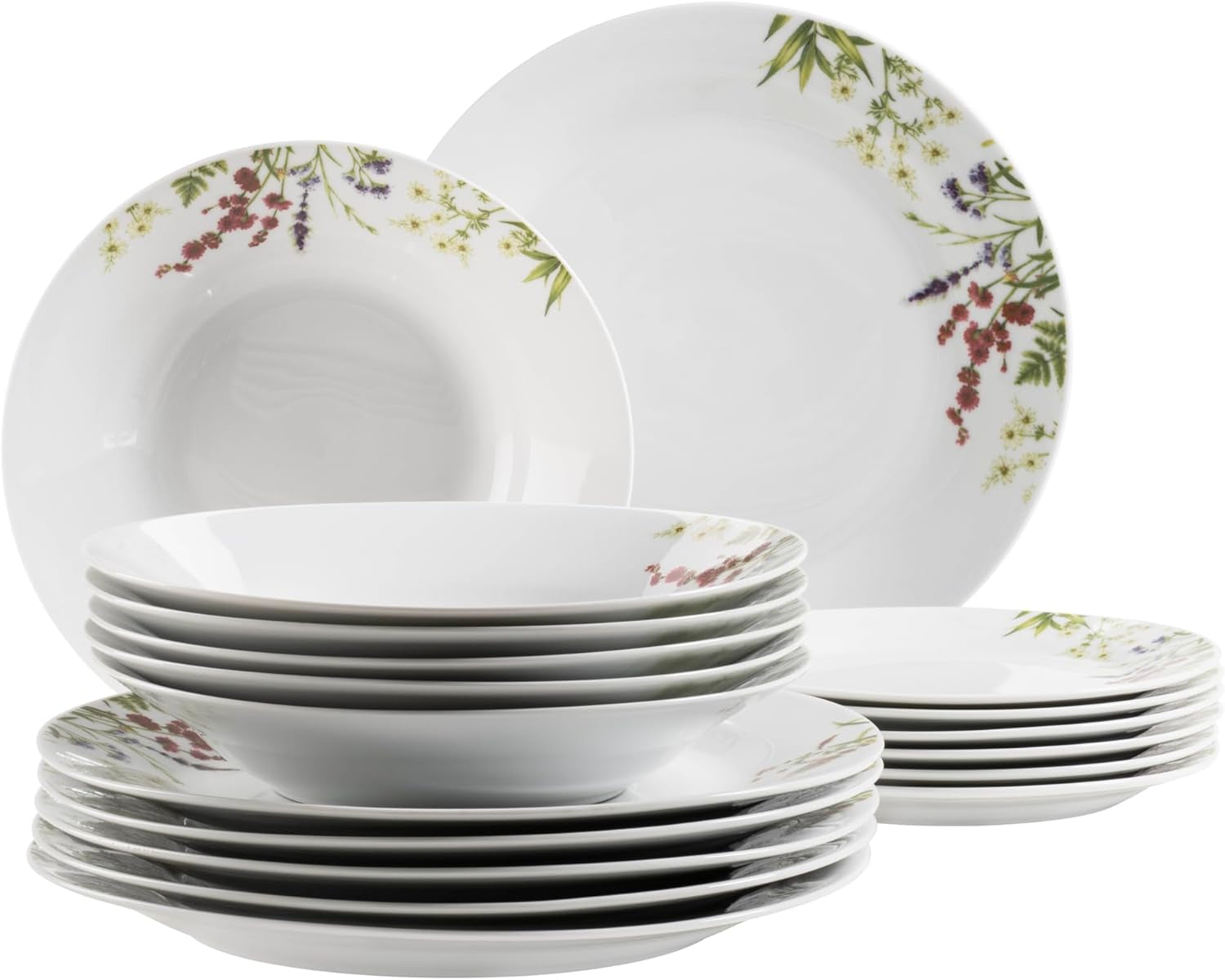 Mäser Herbal Garden Service de table 18 pièces pour 4 personnes avec assiettes plates, assiettes creuses et assiettes à dessert, porcelaine, blanc