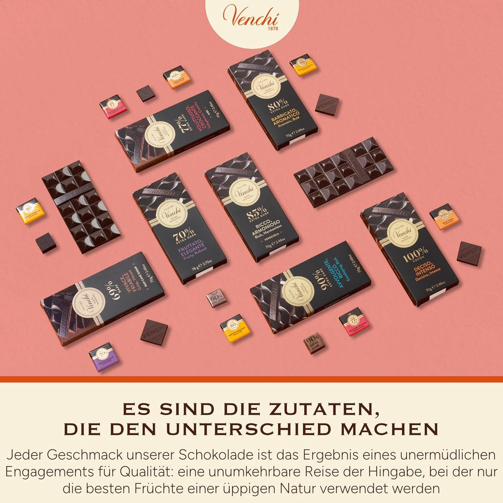 Venchi - Chocolat noir 70%, 78 g - Avec des mélanges de cacao sélectionnés - Sans gluten - Vegan