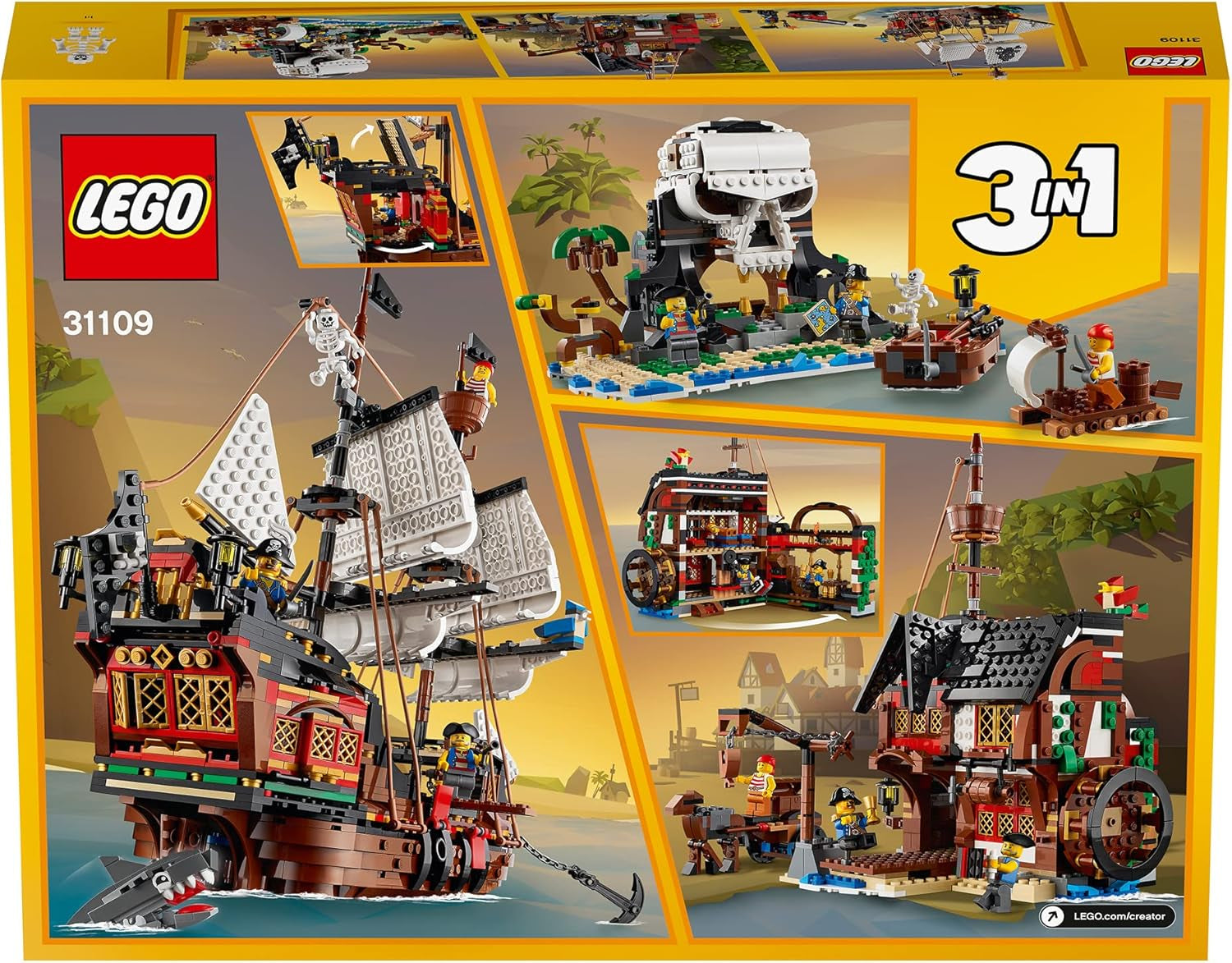 LEGO Creator Ensemble bateau pirate 3 en 1, jouet avec 3 options de construction, construisez une taverne de pirates ou une île de pirates en forme de crâne, comprend 3 figurines d'aventure de jeu de rôle 31109 Ensembles de construction Besuche den LEGO-Store