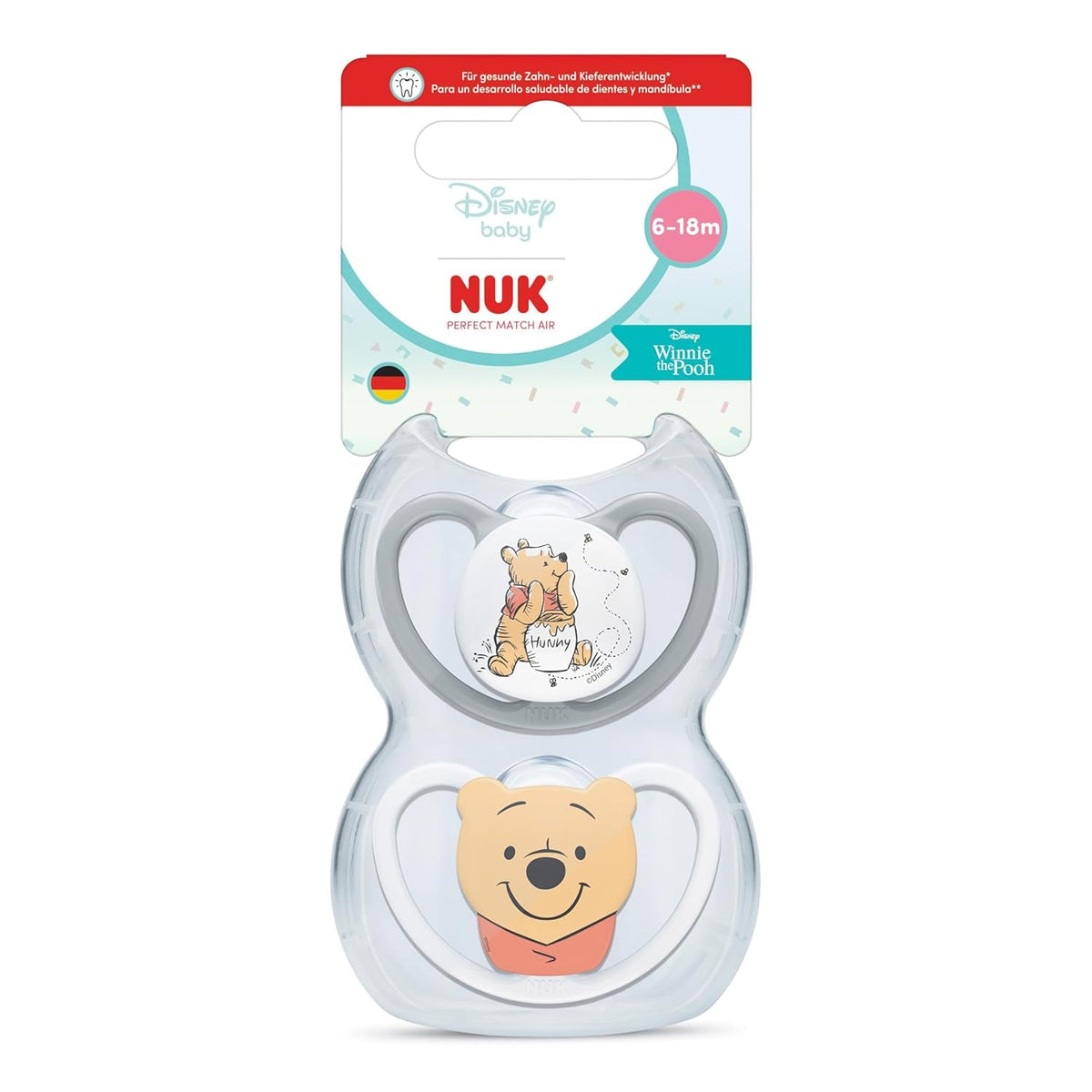 Sucettes NUK Perfect Match Air pour bébés | 6-18 mois | Sucettes orthodontiques qui favorisent la circulation de l'air et préviennent les éruptions cutanées causées par la salive | 95 % d'acceptation par les bébés** | Disney Winnie l'ourson | Paquet de 2