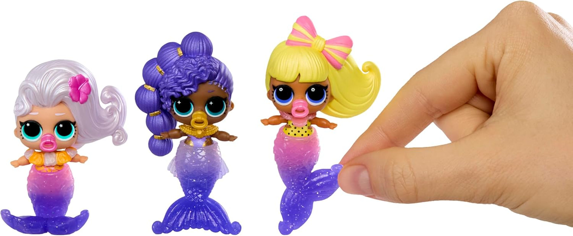 Mdr Surprise ! Mermaid Makeover Magic Baby Sisters – Queue de sirène à couleur changeante avec boule de palourde à exposer, 6 poupées à collectionner – 4 ans et plus
