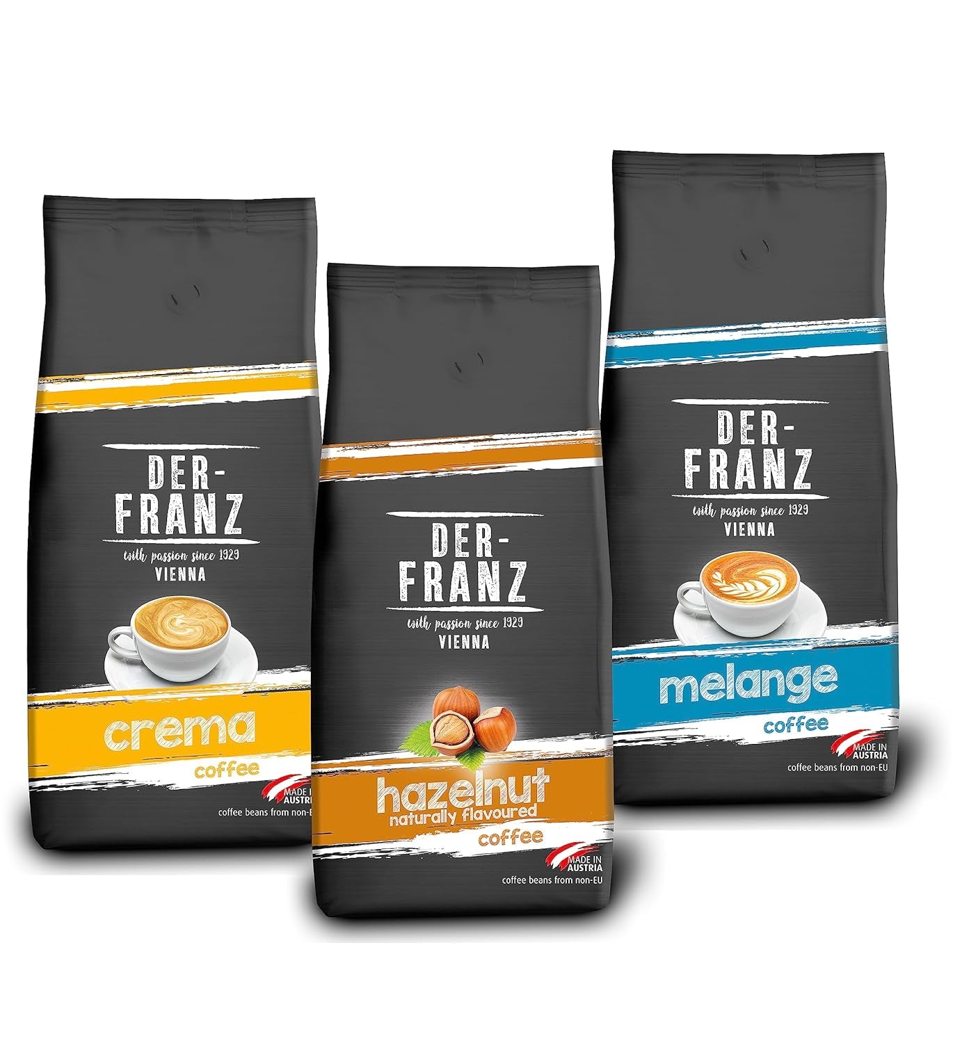 Paquet de café Der-Franz TOP 3 - Crème, Mélange, Noisettes, Grains entiers, 3 x 1000g