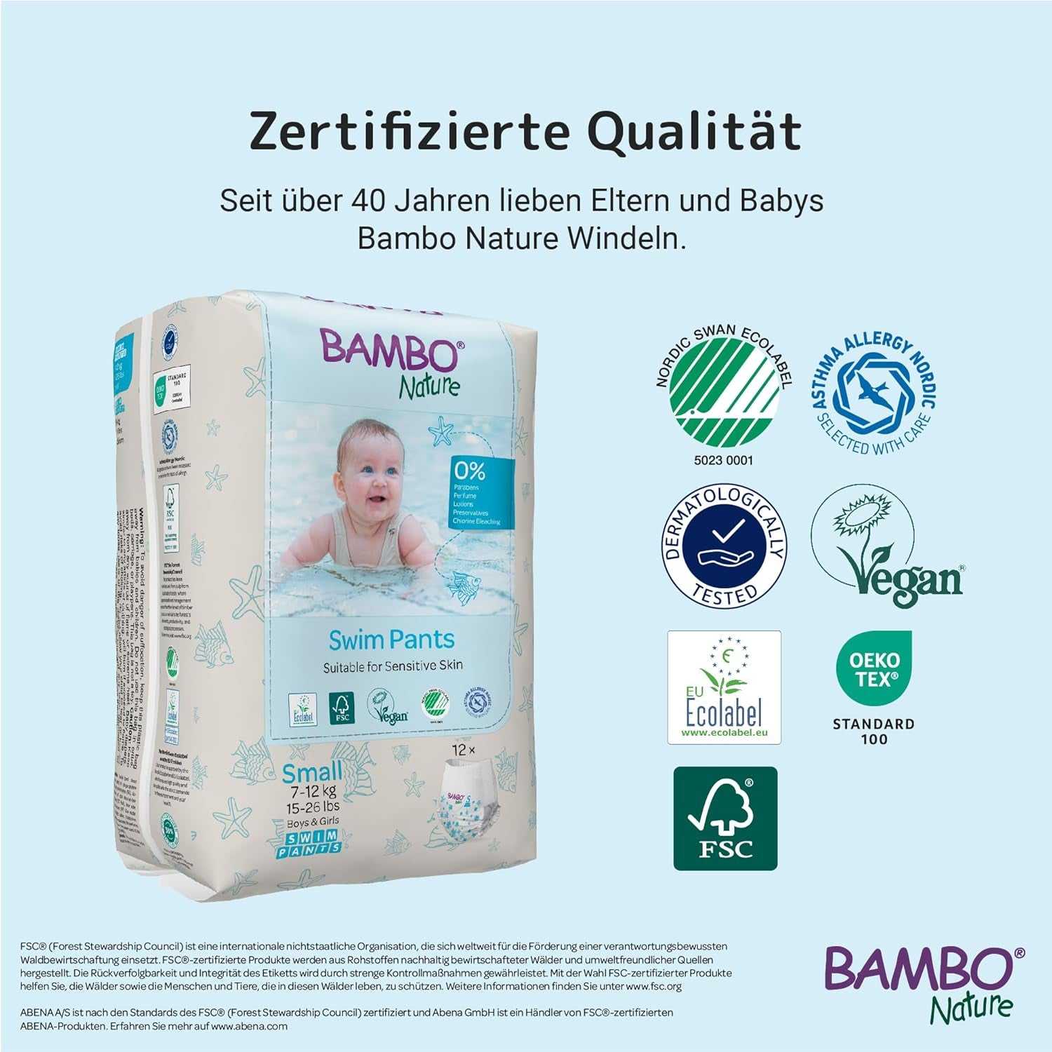 Couches de bain Bambo Nature Baby, taille S (7-12 kg), 12 couches | Couches de bain jetables Secure Fit | Confort imperméable pendant les jeux aquatiques