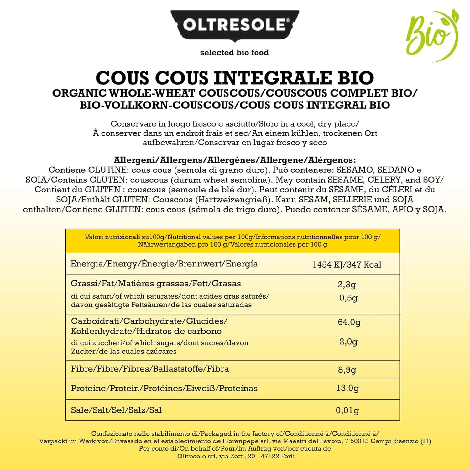 Couscous entier bio 5 kg, farine de blé dur complet bio, idéal pour des entrées et accompagnements sains, format pratique