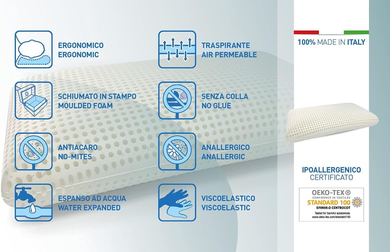 Talamo Italia Lot de 2 Oreillers de Lit 100% Made in Italy Oreiller Détachable "Savon" Mousse à Mémoire Perforée Hypoallergénique et Respirant 70X40Xh16 Cm Naty Shop Oreillers Standard