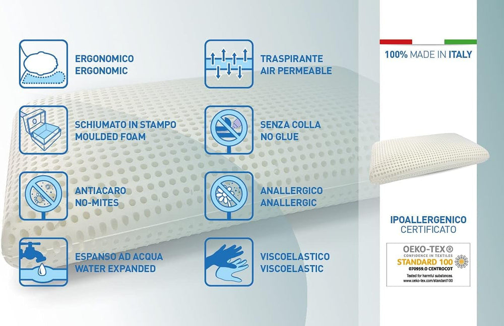 Talamo Italia Lot de 2 Oreillers de Lit 100% Made in Italy Oreiller Détachable "Savon" Mousse à Mémoire Perforée Hypoallergénique et Respirant 70X40Xh16 Cm Naty Shop Oreillers Standard