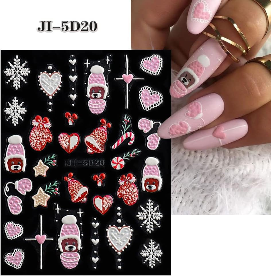 5 Blatt 3D Nagelsticker Weihnachten Nagelaufkleber 5D Stereoskopisch Selbstklebend Schneeflocke-Weihnachtswinterurlaub Nail Art Sticker Dekoration Nageldesign Zubehör