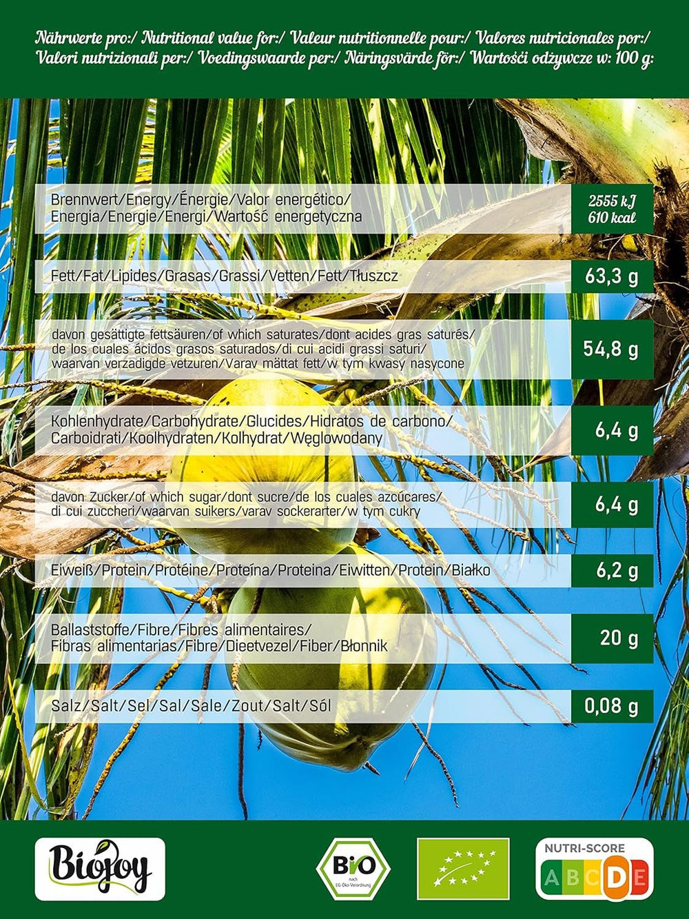 Chips de noix de coco séchées bio Biojoy (1 kg), non sucrées et non frites Produits déshydratés Naty Shop