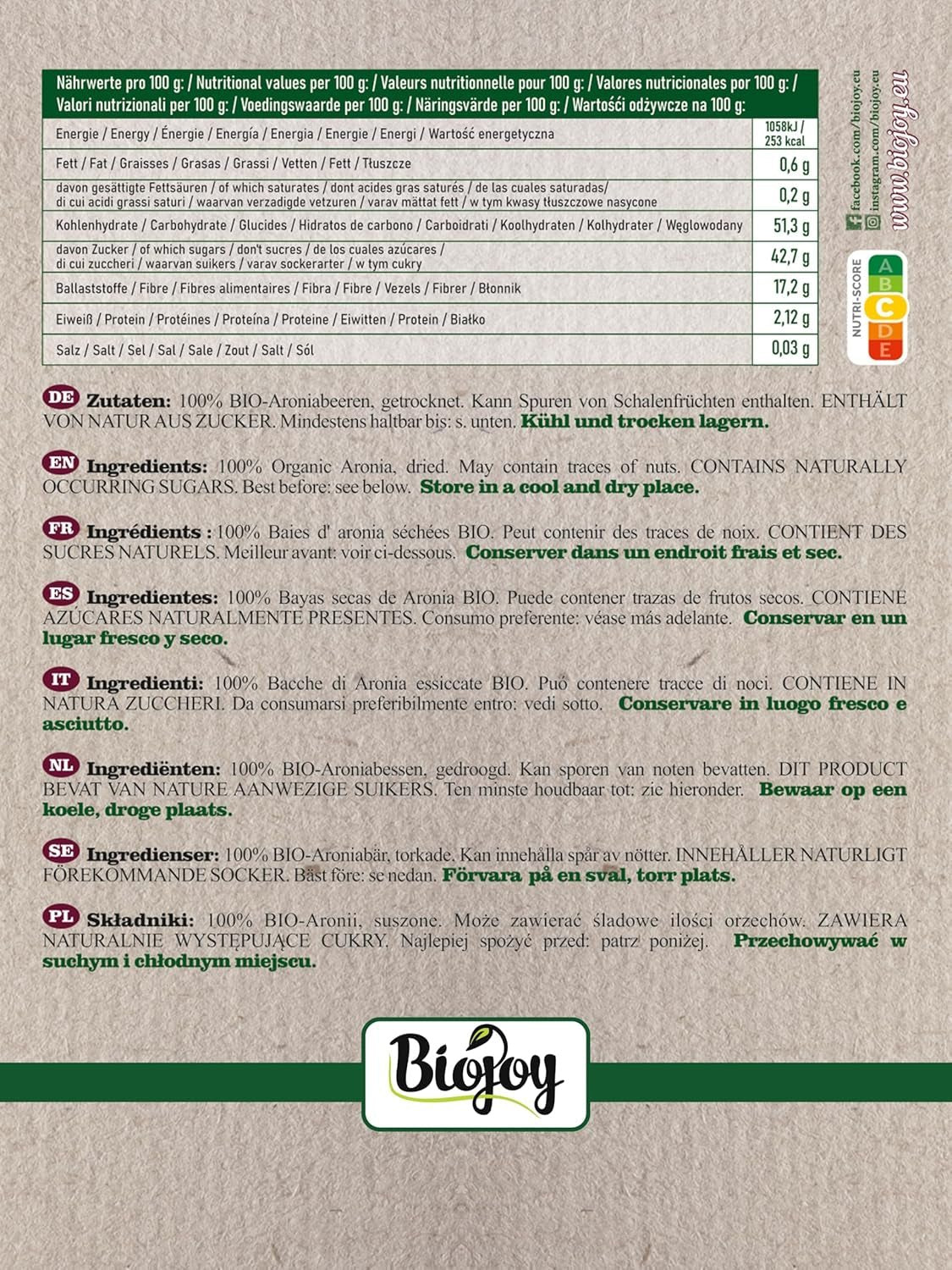 Fruits d'aronia bio Biojoy (1 kg), séchés et entiers (Aronia melanocarpa) Produits déshydratés Naty Shop