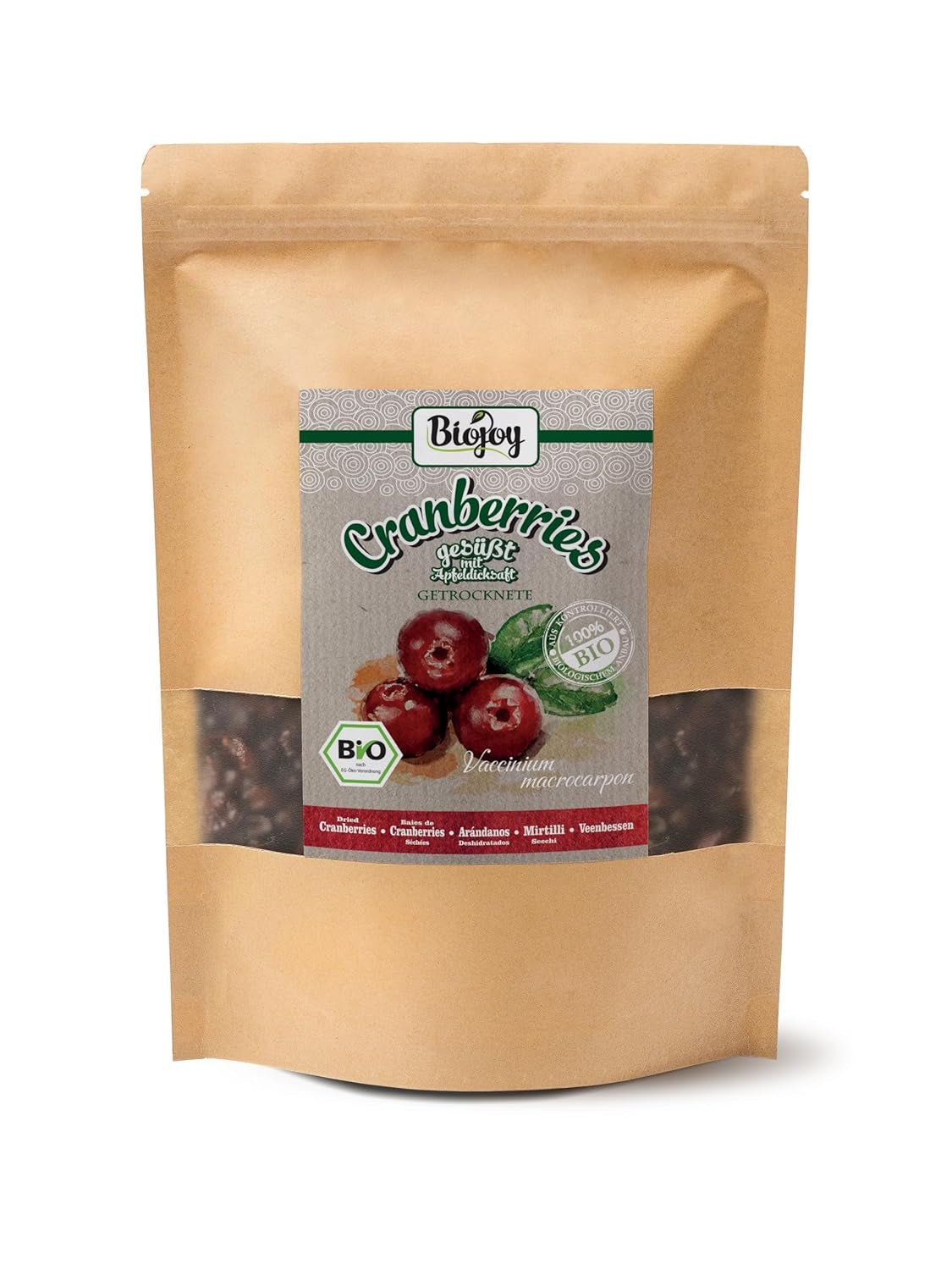 Canneberges séchées bio Biojoy (1 kg), canneberges sucrées au sirop de pomme Produits déshydratés Naty Shop 1 kg (1 paquet)