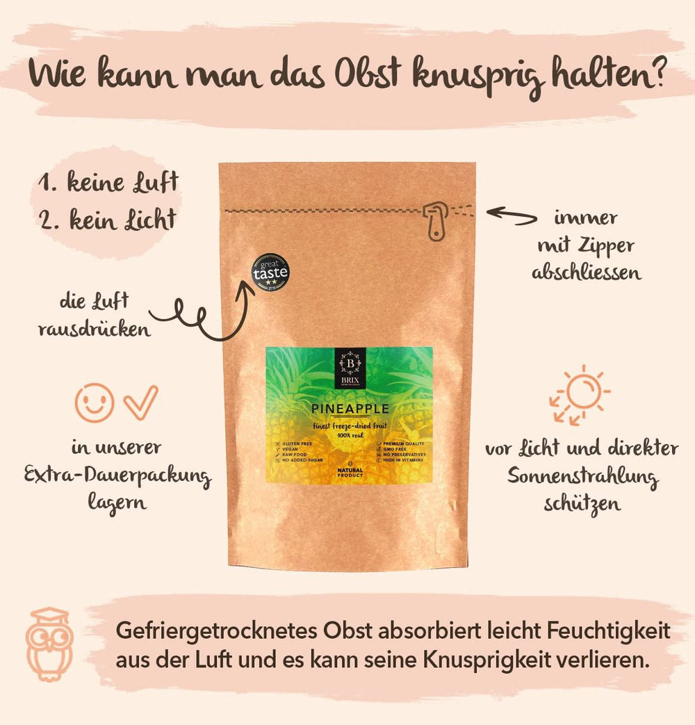 BRIX Ananas lyophilisé | Ananas naturel séché 95 g | Fruits secs Great Taste Award, ananas lyophilisés | Sans OGM, sans gluten, végétalien, vitamines retenues Naty Shop Produits déshydratés