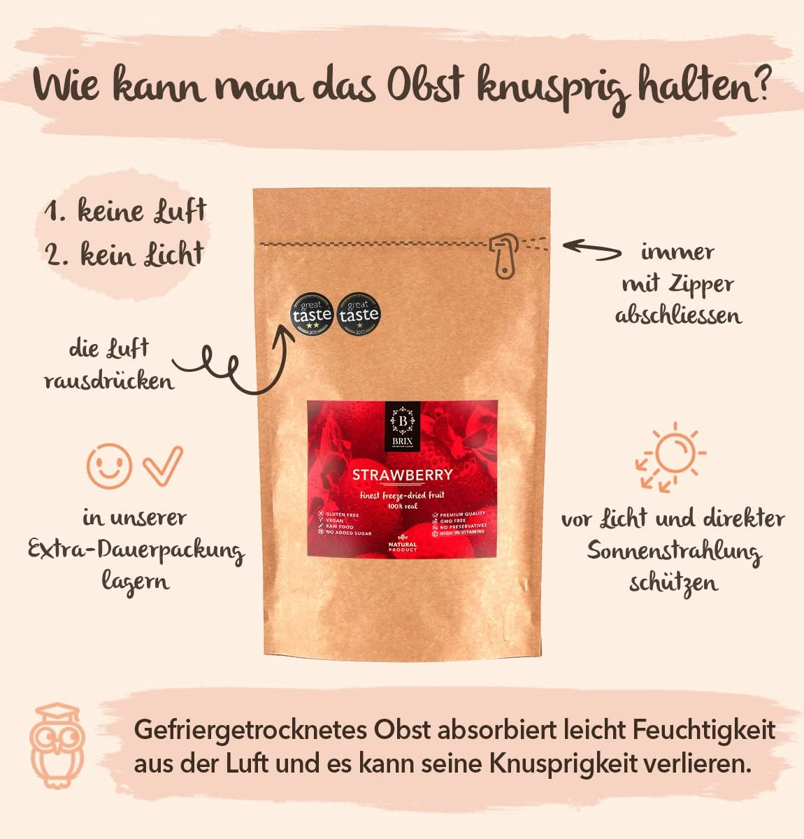 Fraises lyophilisées BRIX | Fraises naturelles 75 g | Great Taste Award pour les fruits séchés et lyophilisés | Sans OGM, sans gluten, végétalien, vitamines retenues Naty Shop Produits déshydratés