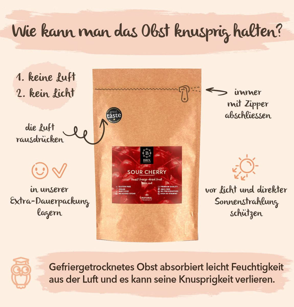 BRIX Cerises amères lyophilisées | Cerises séchées naturelles 105g | Fruits secs Great Taste Award, cerises amères séchées | Sans OGM Sans gluten Les vitamines végétaliennes sont conservées Produits déshydratés Naty Shop