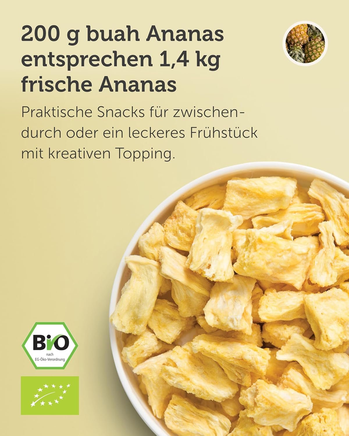 BUAH® Ananas lyophilisé | Chips d'ananas comme collation ou pour le muesli et les desserts | Substitut idéal aux sucreries | Vegan et sans sucre ajouté | 100% fruits lyophilisés | 200 g de produits déshydratés Naty Shop