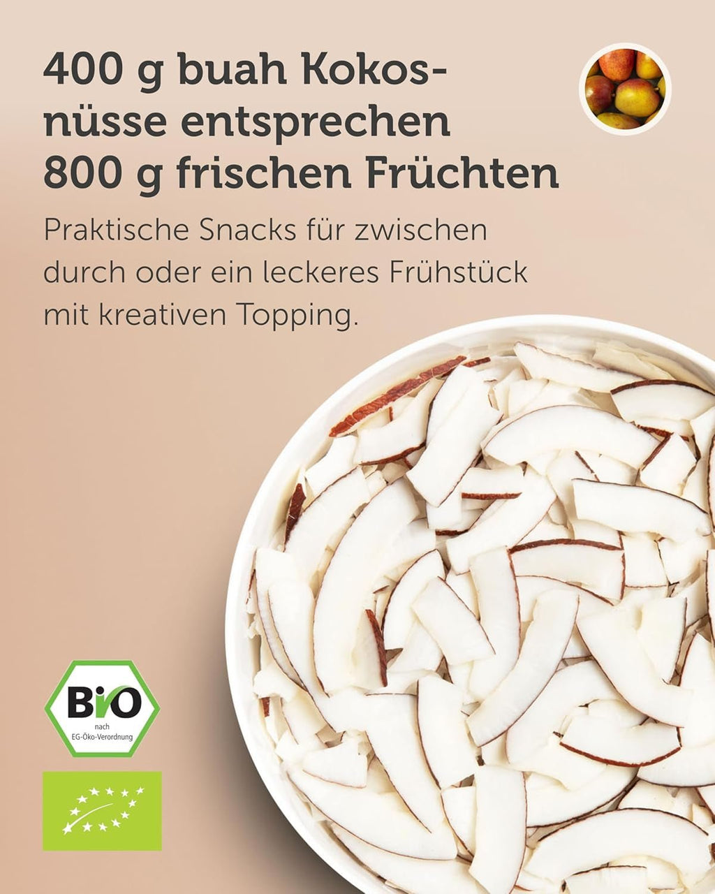 BUAH® Chipsuri de nucă de cocos uscată | Chipsuri din nucă de cocos organică, chipsuri de nucă de cocos ca gustare, pentru muesli și pentru coacere | Înlocuitor ideal pentru bomboane | Vegan și fără zahăr adăugat | 400g Produse deshidratate Naty Shop