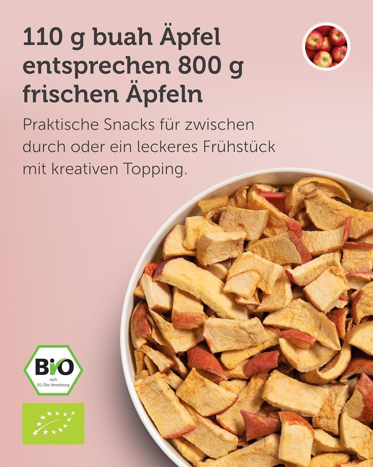 BUAH® Pommes lyophilisées biologiques | Pommes biologiques lyophilisées sans sucre ajouté | 100% fruits lyophilisés (végétalien, sans gluten, sans lactose) | Snack Idéal (110g) Produits déshydratés Naty Shop