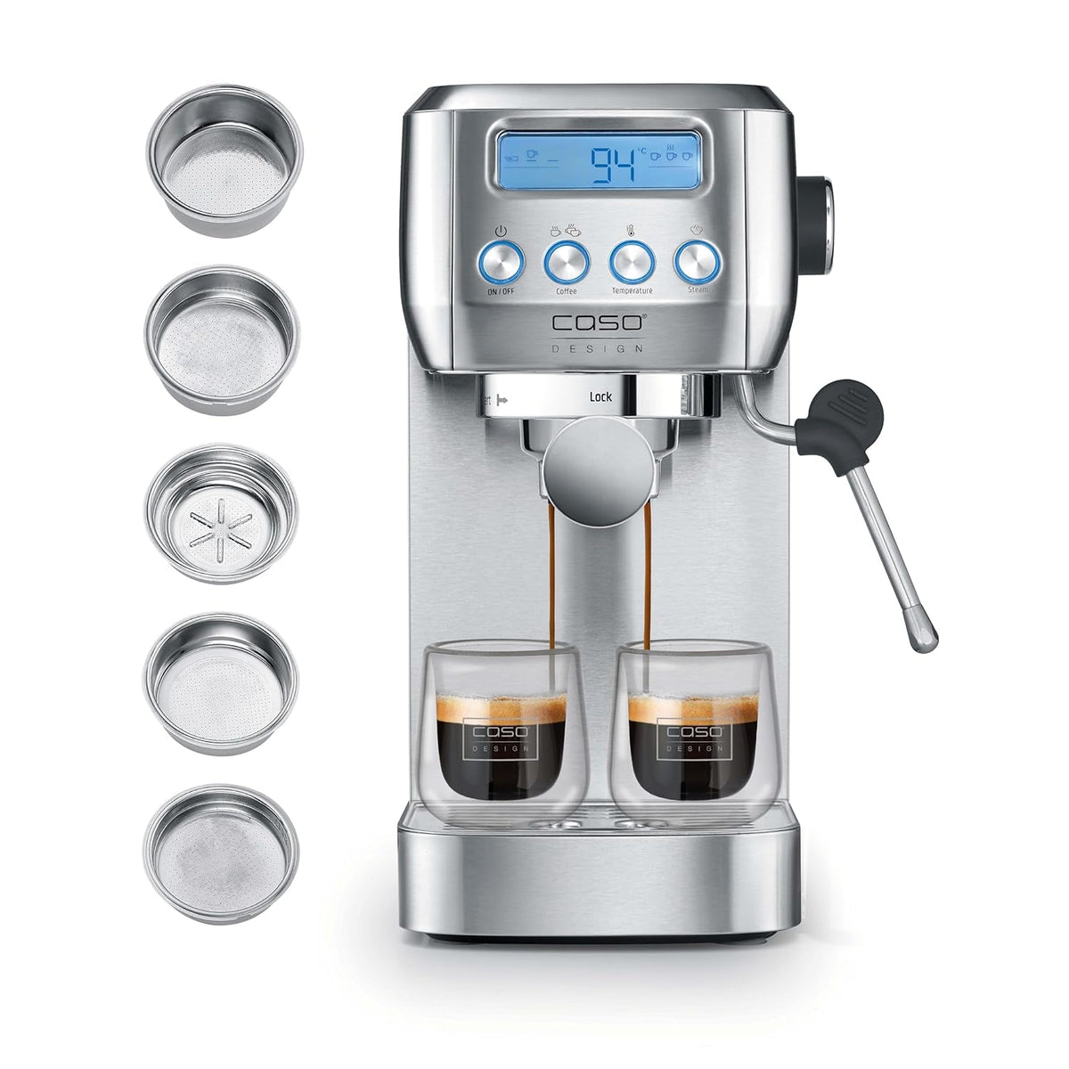 CASO EspressoGourmet Crema - Machine à expresso porte-filtre avec mousseur à lait, expresso, cappuccino, porte-filtre en acier inoxydable, pompe ULKA 20 bars, machine à café, café moulu, capsules ESE