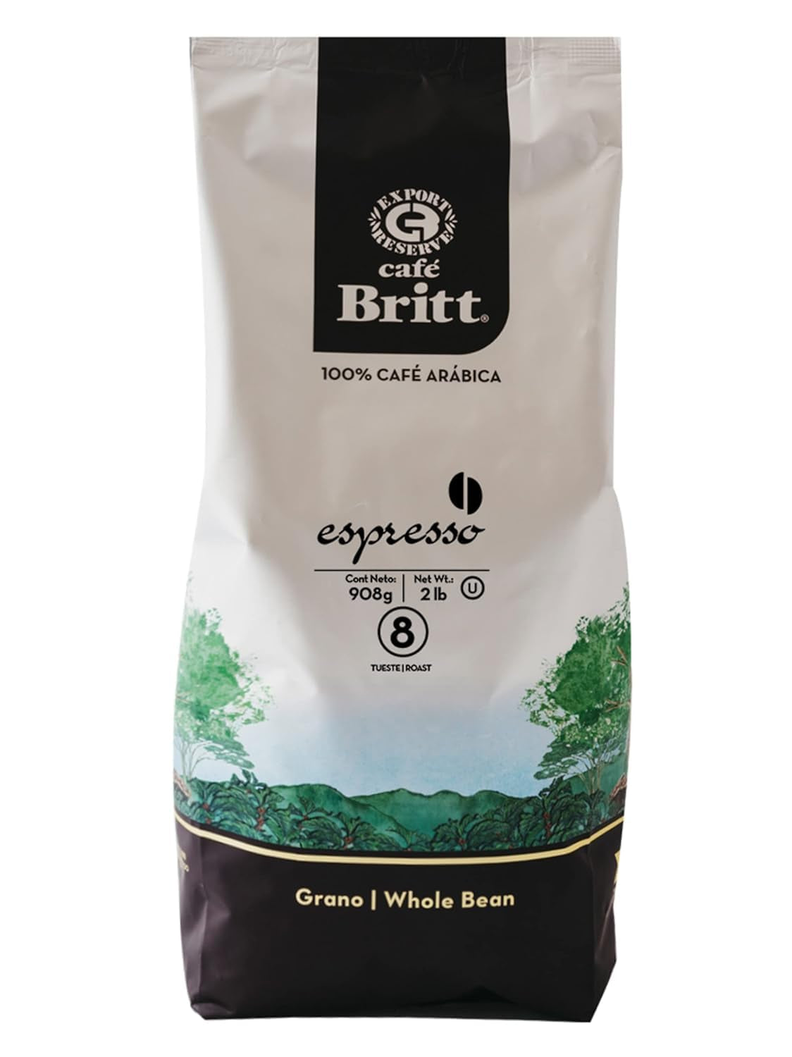 Café Britt® - Café expresso du Costa Rica (paquet de 1) (2 lb - grains entiers, Arabica, casher, sans gluten, 100 % gourmet et torréfaction noire)