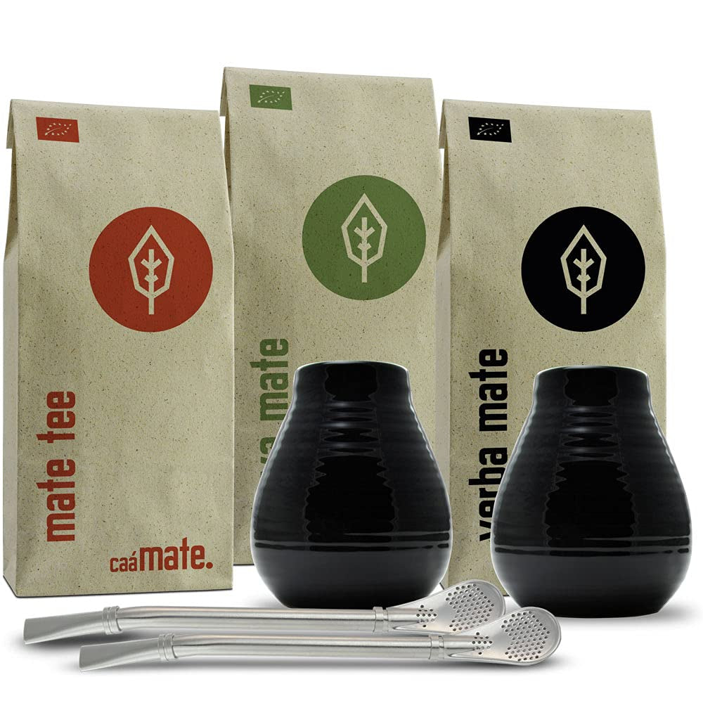 Service à thé maté pour deux, bio ● 2 tasses à maté + 2 bombillas + 300 g de thé maté + notice de préparation