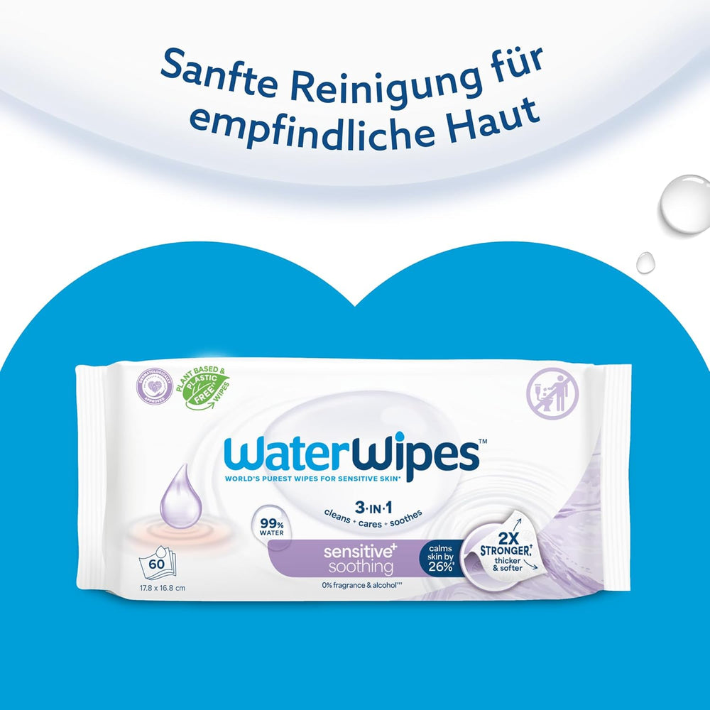 WaterWipes Sensitive+ Lingettes humides apaisantes, 720 unités (paquet de 12), 3 en 1 nettoyantes, soignantes et apaisantes, 99 % d'eau avec extrait de plante, lingettes humides pour bébé sans parfum