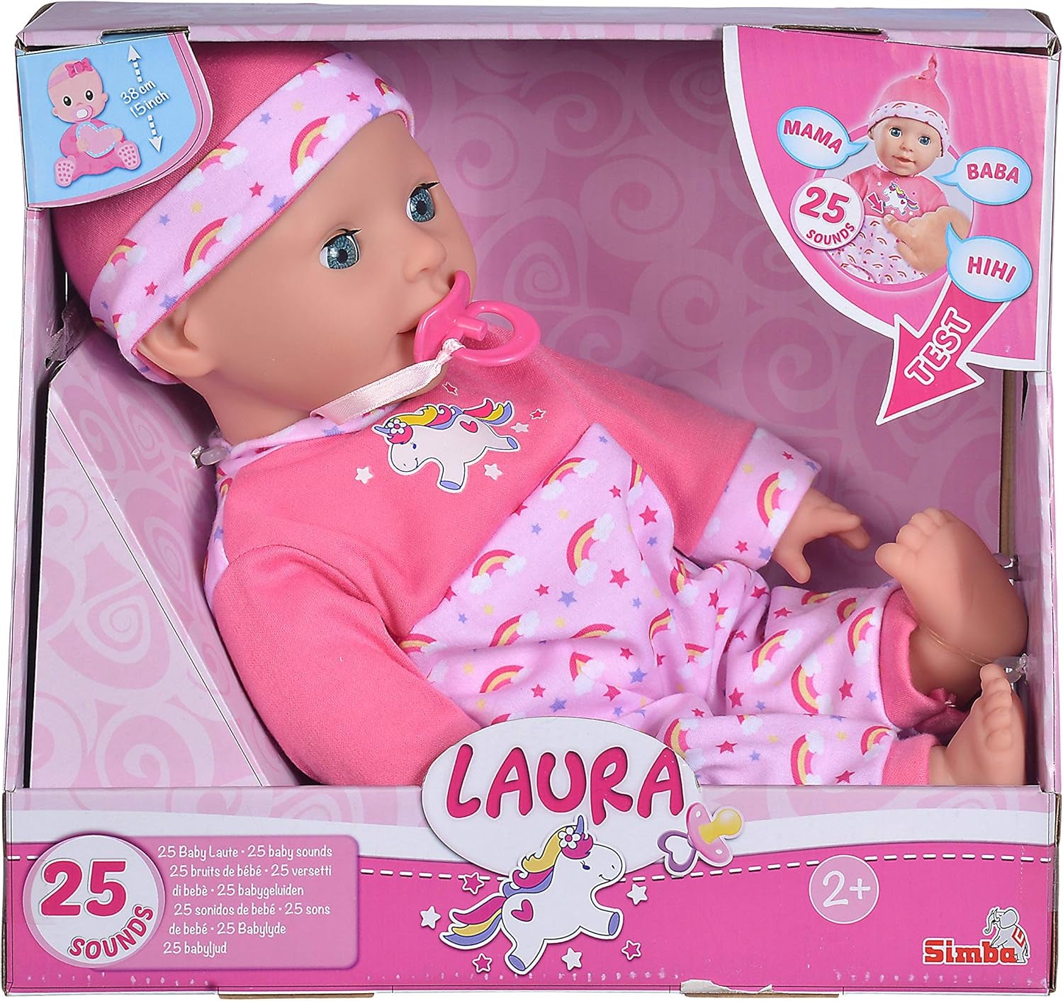 Simba 105140060 - Laura Kitzel Baby, Puppe de poupée avec Regenbogenstramler, macht 25 Babylute, 38cm, Babypuppe à partir de 2 ans