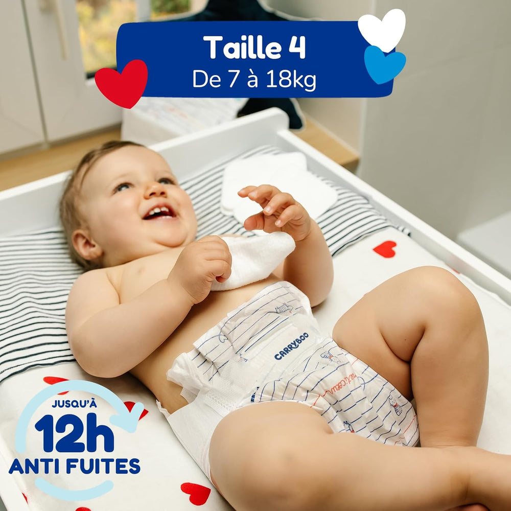 - Couche taille 4 (7-18 kg) – saine et extrêmement absorbante – étanche 12 heures – ohne unerwünschte Substanzen – fabriquée en France – prix abordable – 132 couches jetables