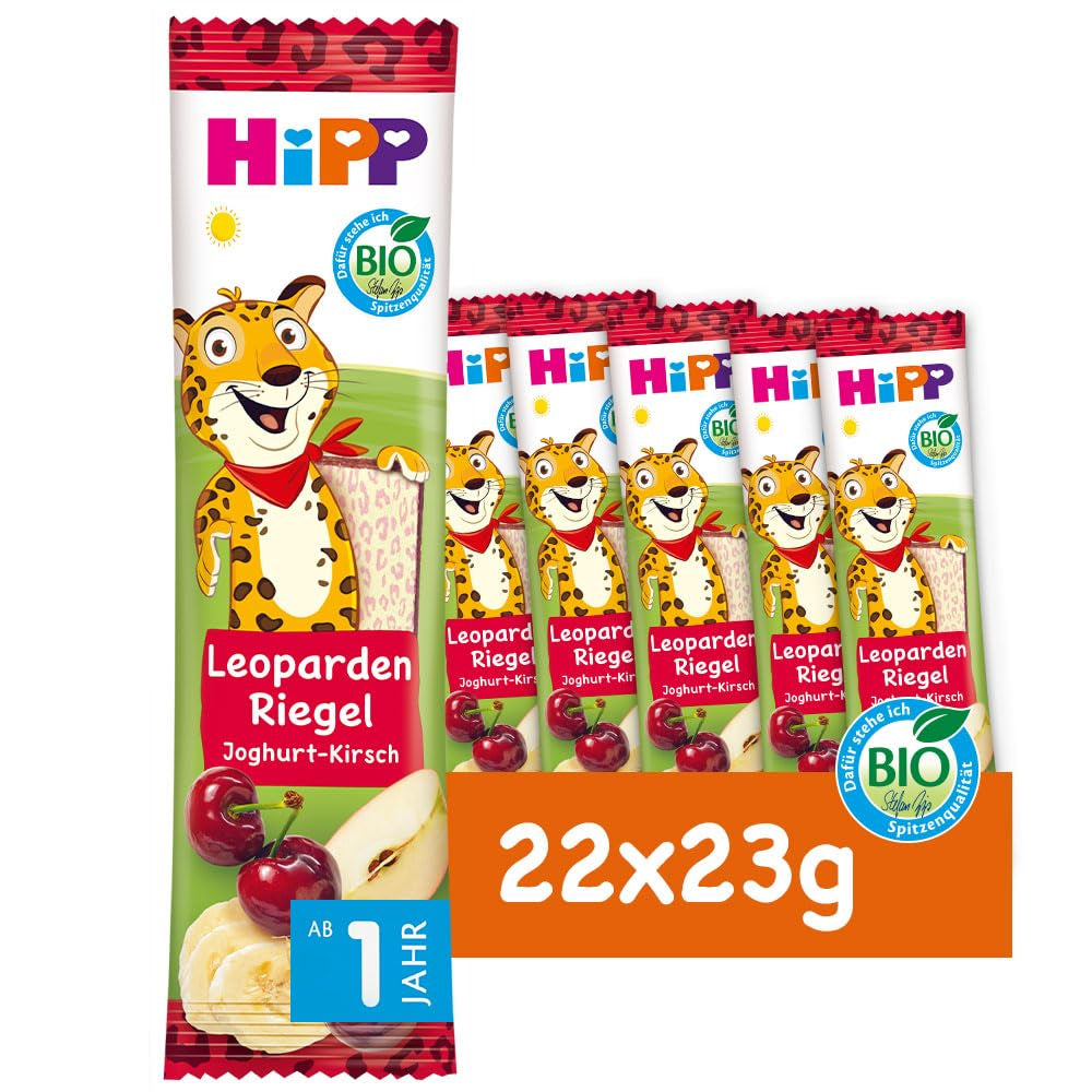 Barres HiPP Leopard au yaourt et cerises à la banane (22 x 23g), à partir de 1 an, sucrées uniquement aux fruits, de la meilleure qualité biologique