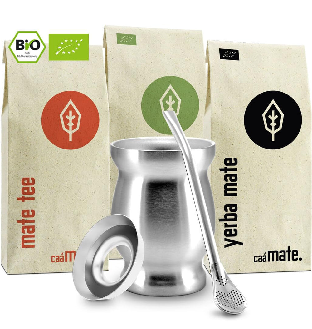 Service à thé Mate Bio ● 3 assortiments de Mate + Mug Mate en acier inoxydable à double paroi + Bombilla + Instructions de préparation (Noir)