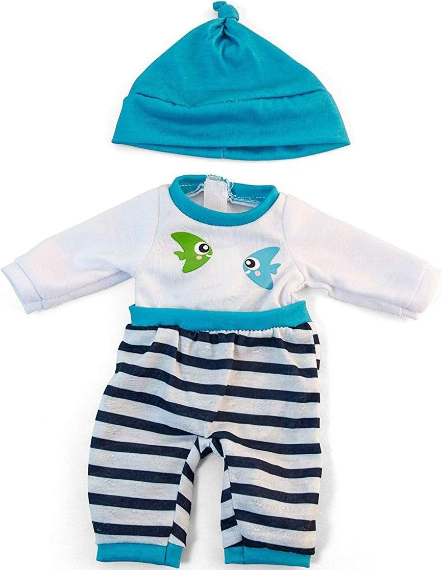 Miniland Set Puppenkleidung 32cm, girgeltes T-Shirt mit Latzhose und Mütze, Übergangszeit