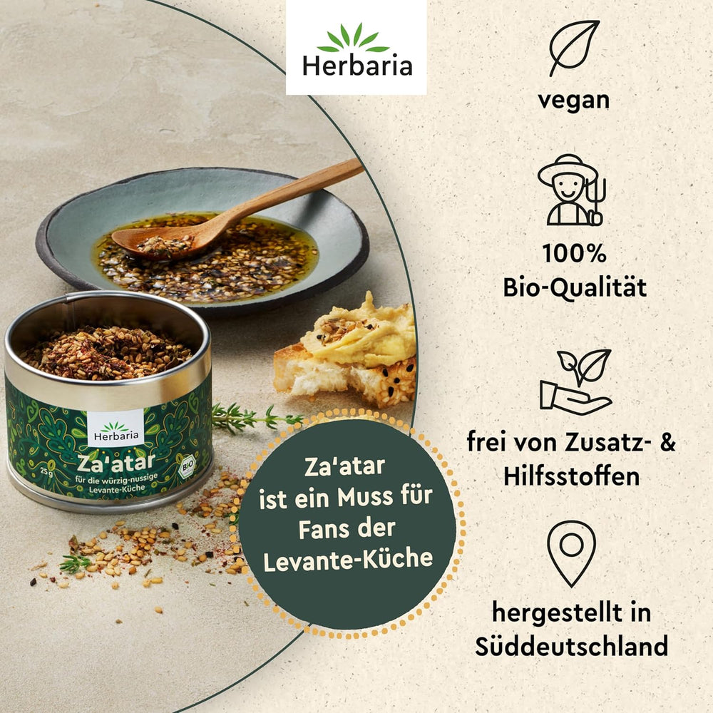 Herbaria Za'atar bio 25g S-Dose – Zaatar Gewürz, Zaatar Gewürz - oriental Organic-Gewürmischung für Gerichte der Levante Küche - with erlesenen Ingredient - in nachhaltiger Aromaschutz-Dose