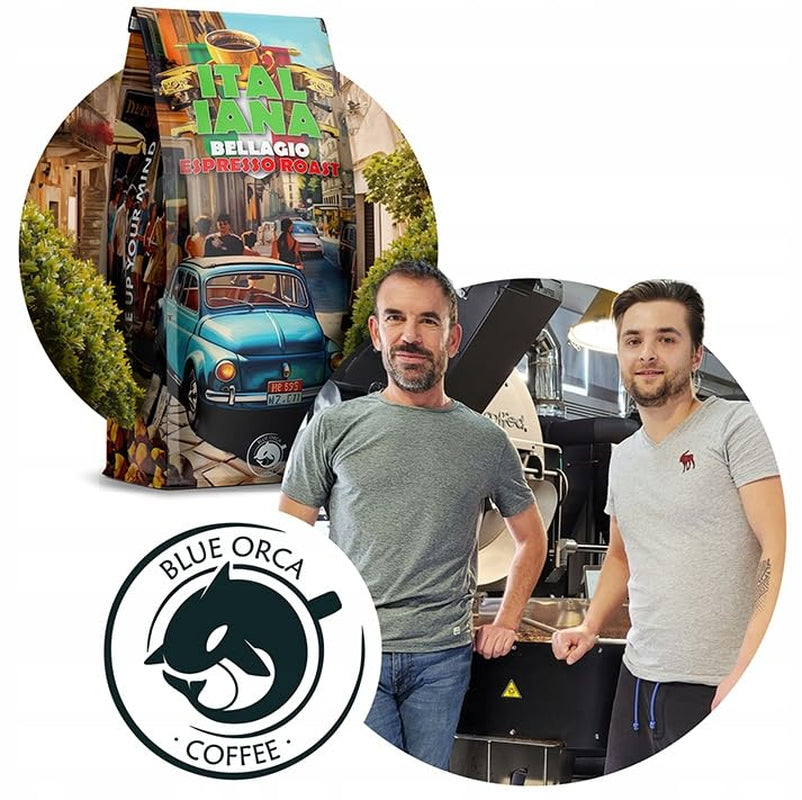 Café en grains torréfiés Italiana Bellagio 1kg | 80% Arabica et 20% Robusta | avec des notes de noix et de chocolat noir | fraîchement torréfié, faible acidité | pour machines à café | Café Orque Bleu